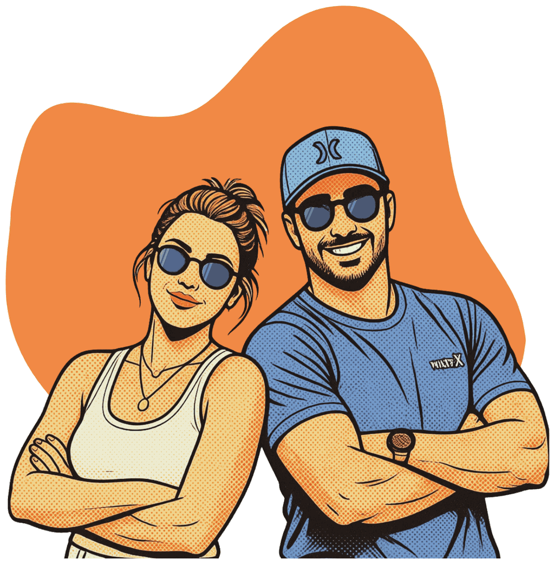 Illustrated portrait of Noah and Jordan, the founders of 24h Web Builders, standing side by side with their arms crossed.