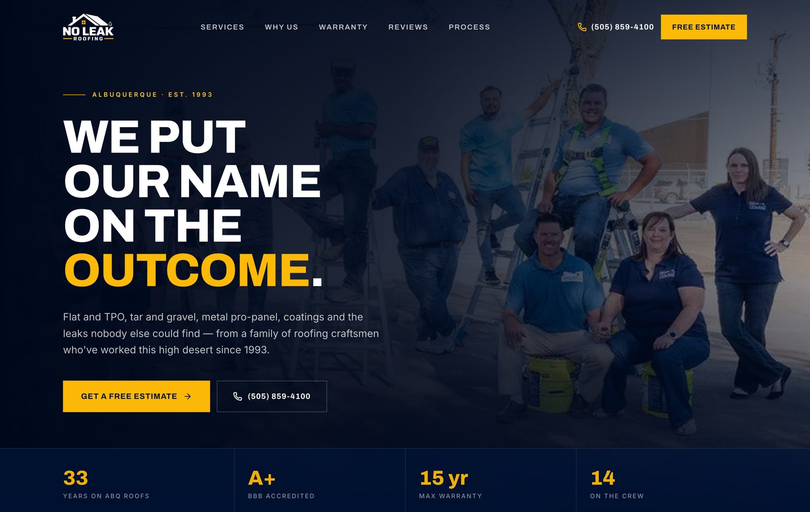 No Leak Roofing homepage: a dark hero headlined "We put our name on the outcome" over a photograph of the crew, with a free-estimate button, a phone number, and a band reading 33 years on ABQ roofs, A+ BBB accredited, 15 year max warranty and 14 on the crew.